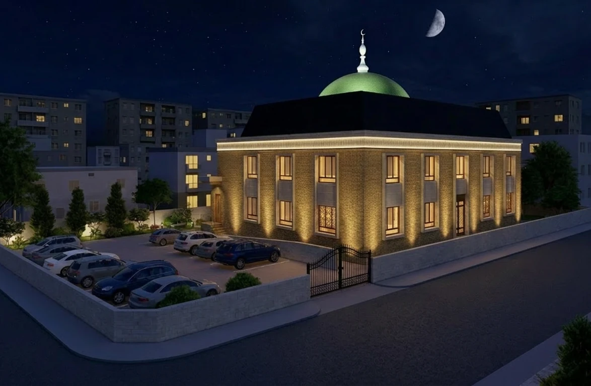 Night-time architectural view of the new Masjid-E-Madani
